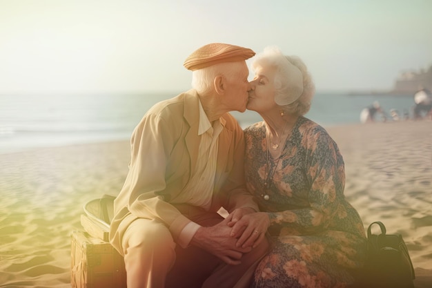 Coppia di anziani abbracciati e baciati sulla spiaggia raffigurati in un pastiche fotorealistico che riflette il fascino dell'età dell'oro IA generativa