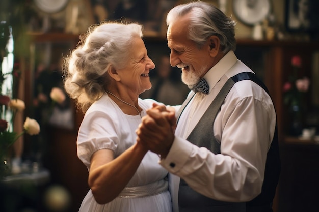 Coppia di anziani che ballano allegramente al matrimonio Ai