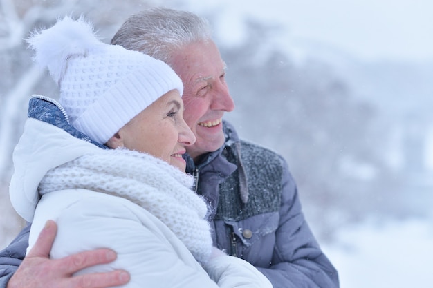 Coppia di anziani che sorride e si rallegra nel gelido inverno