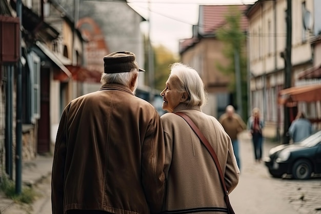 Coppia di anziani in strada cittadina L'uomo e la donna anziani camminano insieme IA generativa