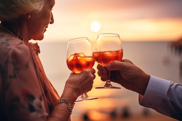 Coppia di anziani sulla spiaggia con un drink in mano