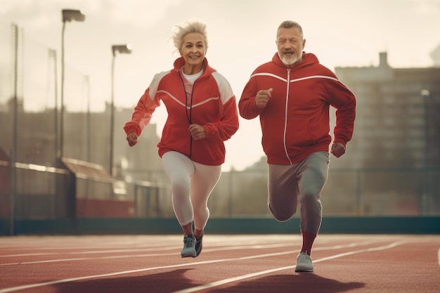 coppia di anziani vestita in tuta da ginnastica che corre con la luce mattutina concetto sportivo