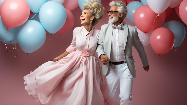 Coppia di anziani vestiti alla moda che abbracciano la gioia con i palloncini IA generativa