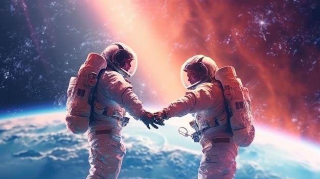 Coppia di astronauti che si tengono le mani l'un l'altro sullo sfondo del cielo spaziale immaginazione di amore passione fantasia Weber di immagine generativa AI