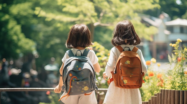 coppia di bambini asiatici che va a scuola bambini felici il primo giorno di lezione sorridendo alla telecamera con spazio per la copia