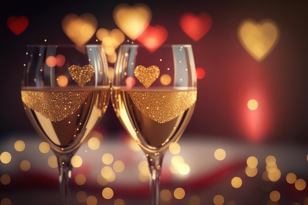 Coppia di bicchieri di champagne su sfondo bokeh scintillante incandescente. Arte generativa dell'IA. San Valentino