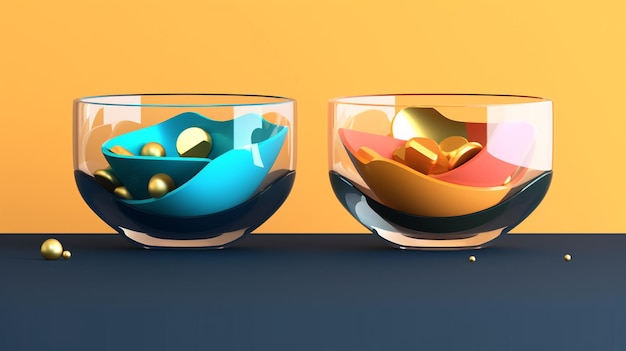 Coppia di ciotole di vetro con monete d'oro e oro blu si siedono su un tavolo