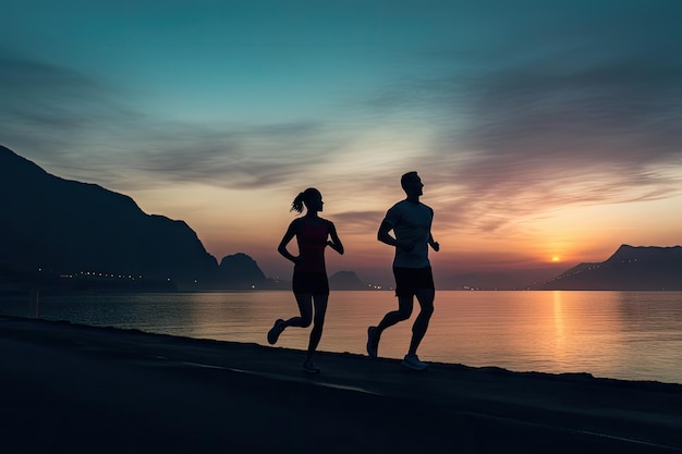 Coppia di corridori Silhouette Beach Runners Atlete che corre al crepuscolo mattutino sulla costa Natura Paesaggio di spiaggia Persone attive Stile di vita Concetto Illustrazione generativa AI