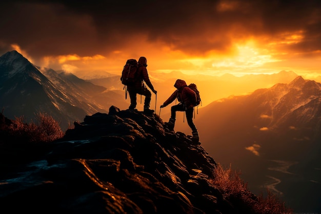 Coppia di escursionisti con zaini in piedi sulla cima di una montagna al tramonto generativo ai