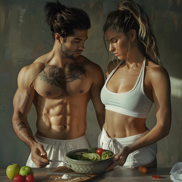 Coppia di fitness che cucina in cucina