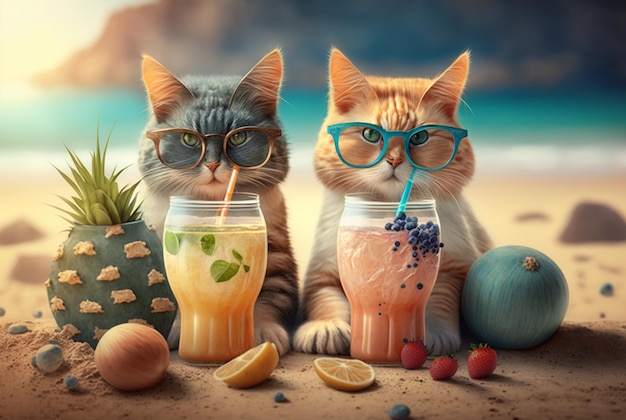 Coppia di gatti che indossano occhiali con succo fresco e frutta su sfondo spiaggia concetto di estate foto generativa ai