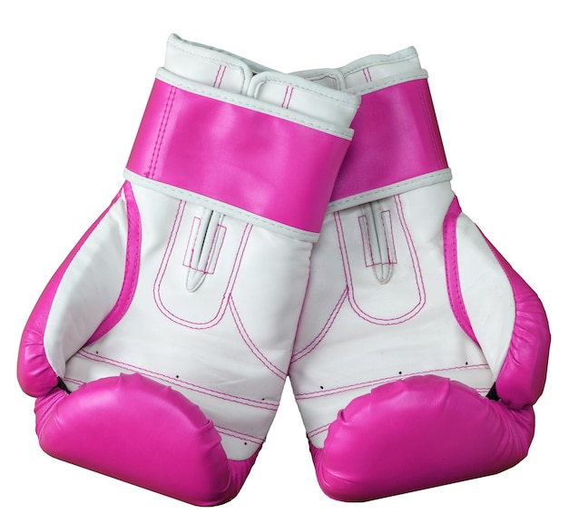 Coppia di guantoni da boxe in pelle pinkwhite su sfondo bianco vista dall'alto