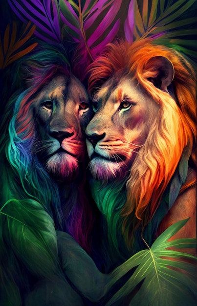 Coppia di leoni gay nella giungla Rappresentazione LGBT Creato con la tecnologia Generative Al