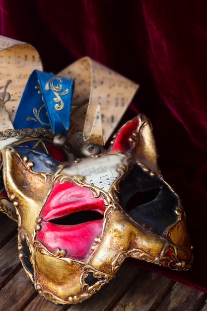 Coppia di maschere veneziane del Mardi gras di gatto e arlecchino