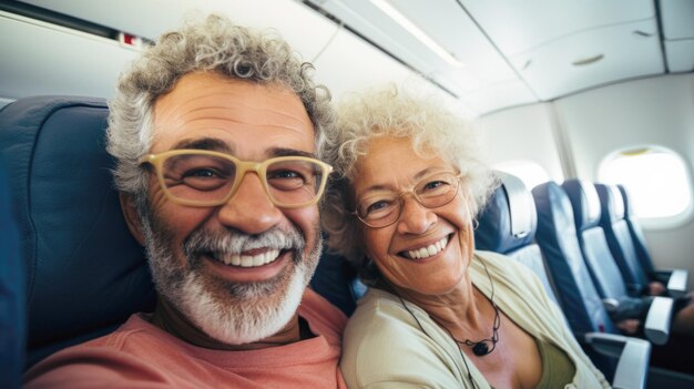 Coppia di mezza età di razza mista che viaggia in aereo concetto di vacanza di vacanza AI Contenuto generato