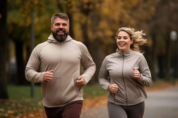 Coppia di mezza età di uomo e donna in abiti sportivi che fanno jogging insieme in un parco urbano