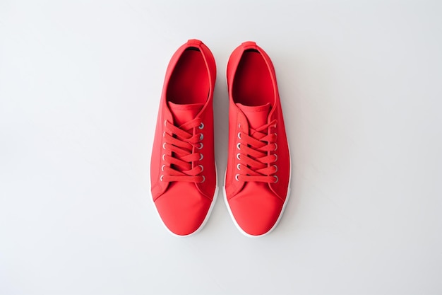 Coppia di nuove eleganti sneakers bianche su sfondo bianco International Red Sneakers Day