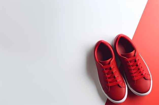 Coppia di nuove eleganti sneakers bianche su sfondo bianco International Red Sneakers Day