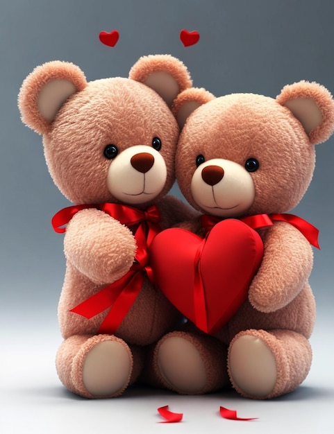 Coppia di orsacchiotti con cuore rosso e regalo su sfondo bianco