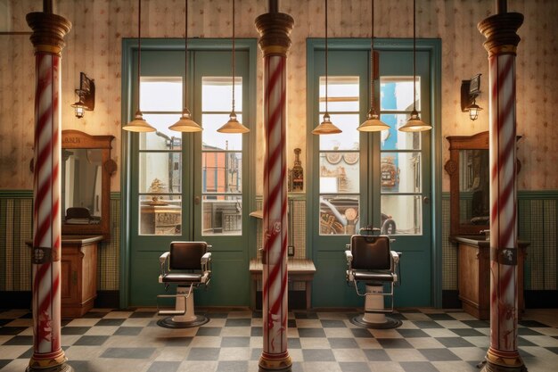 Coppia di pali da barbiere che incorniciano l'ingresso del barbiere creato con l'intelligenza artificiale generativa