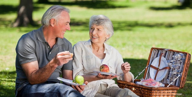 Coppia di pensionati che fa un picnic nel giardino