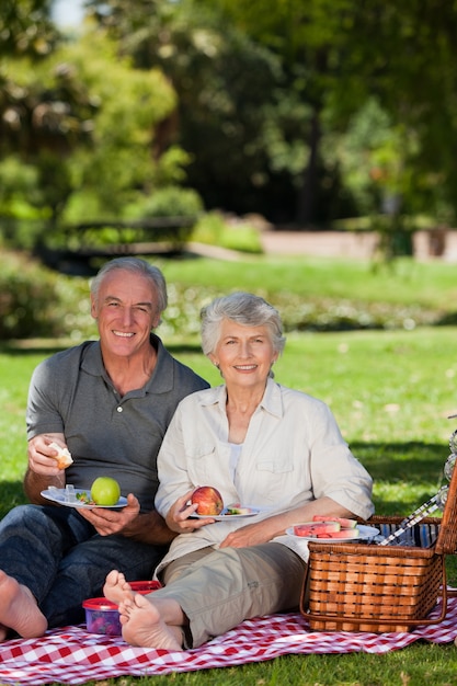 Coppia di pensionati che fa un picnic nel giardino