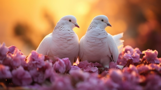 Coppia di piccioni bianchi seduti in fiori rosa IA generativa