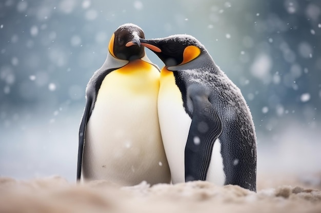 Coppia di pinguini sulla spiaggia durante la nevicata pinguino re sul blocco di ghiaccio con spruzzi d'acqua pinguino re in un iceberg che punta la sua ala pinna allo spazio vuoto AI Generato