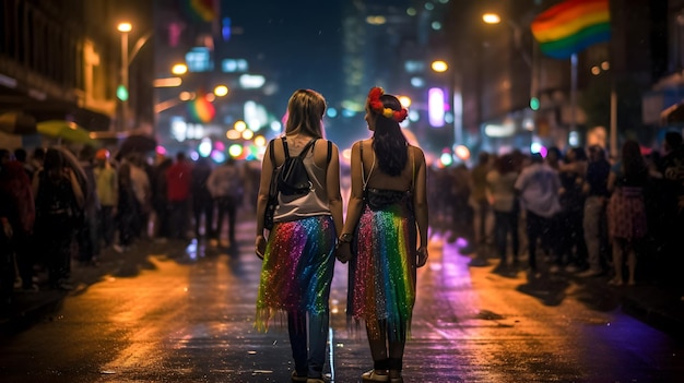 Coppia di ragazze durante la notte della parata dell'orgoglio Concetto di orgoglio LGBT AI generato