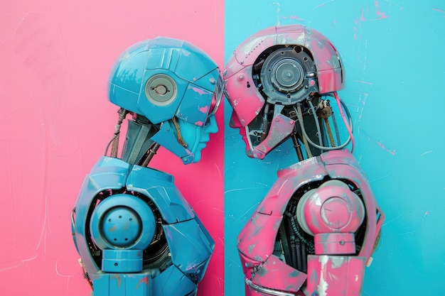 coppia di robot su sfondo blu e rosa