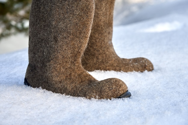 Coppia di scarpe invernali in feltro russo valenki stanno sulla neve soffice e bianca quando fa freddo