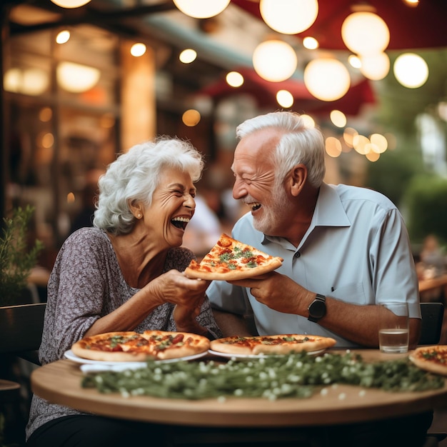 Coppia di signori anziani con i capelli bianchi sorridono mentre mangiano una pizza Festeggiamo l'anniversario in pizzeria seduti all'aperto Concetto di persone felici