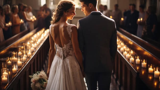 Coppia di sposi innamorati Retrospettiva camminando lungo il corridoio Chiesa Nuovo sposo sposo nella finestra Porta Luce Cerimonia del giorno del matrimonio