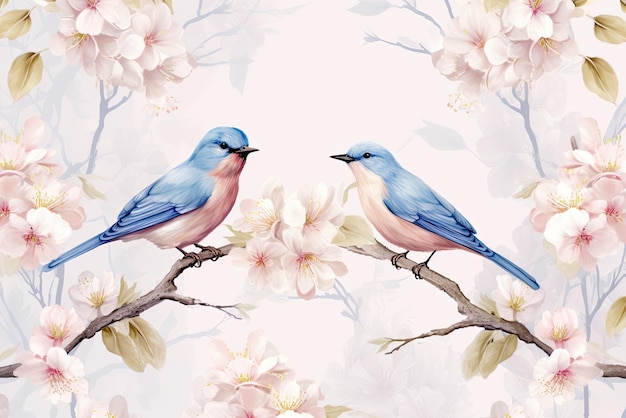 Coppia di uccelli blu nella natura primaverile Colori pastello nei toni del blu IA generativa