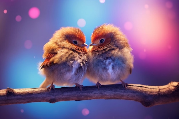 Coppia di uccelli colorati seduti insieme sul ramo in un biglietto di auguri al tramonto