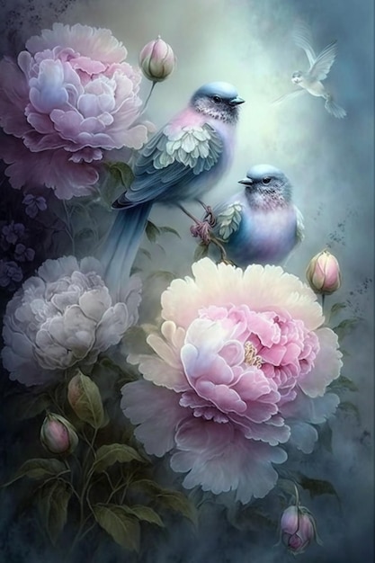 Coppia di uccelli seduti sopra un mazzo di fiori ai generativi