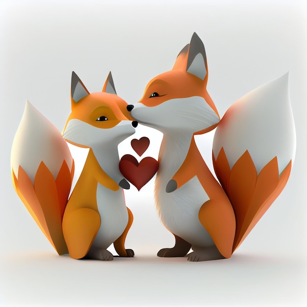 Coppia di volpi carine innamorate di cuori 3d rendono l'illustrazione