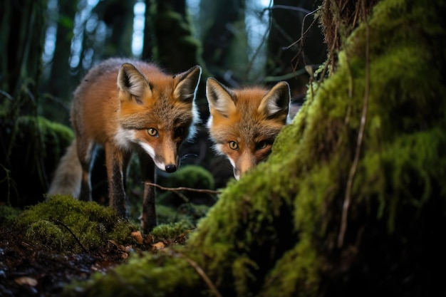 Coppia di volpi che cercano cibo insieme nel bosco