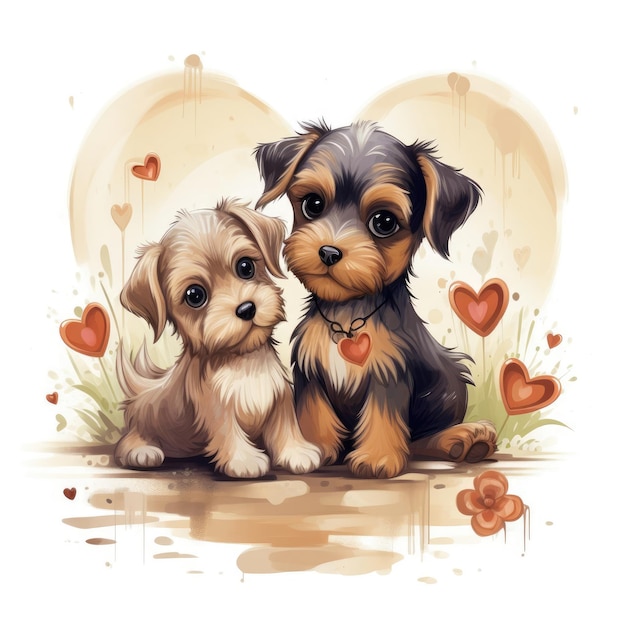 Coppia di Yorkshire Terrier con i cuori intorno