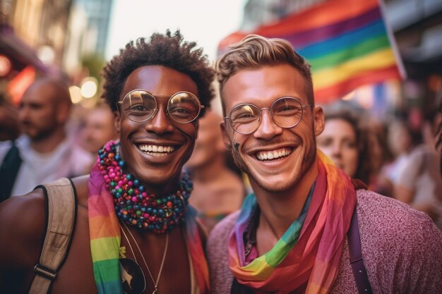 Coppia felice alla parata dell'orgoglio LGBTQ ad Amsterdam