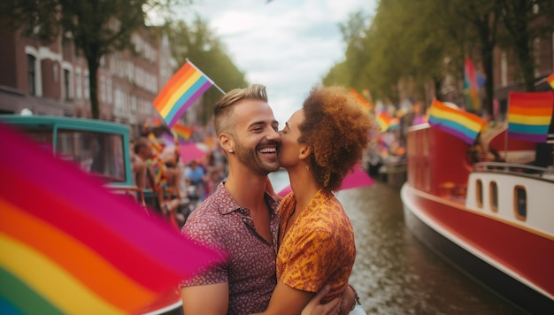 Coppia felice alla parata dell'orgoglio LGBTQ ad Amsterdam