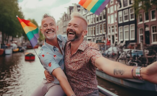 Coppia felice alla parata dell'orgoglio LGBTQ ad Amsterdam