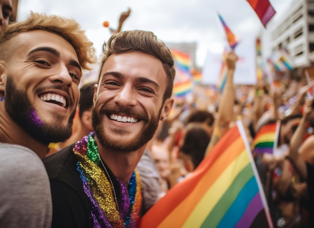 Coppia felice che celebra alla LGBTQ Gay Pride Parade nel mese dell'orgoglio di San Paolo in Brasile