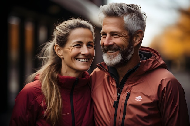 Coppia felice che fa jogging per mantenersi in forma in pensione con sorrisi