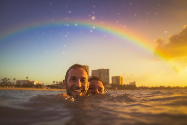 Coppia felice che nuota alla parata dell'orgoglio LGBTQ a Tel Aviv