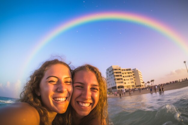 Coppia felice che nuota alla parata dell'orgoglio LGBTQ a Tel Aviv