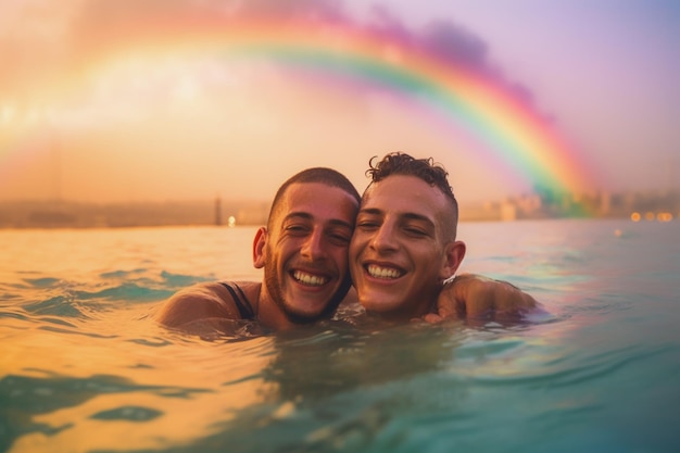 Coppia felice che nuota alla parata dell'orgoglio LGBTQ a Tel Aviv