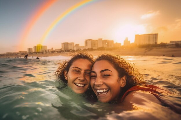 Coppia felice che nuota alla parata dell'orgoglio LGBTQ a Tel Aviv