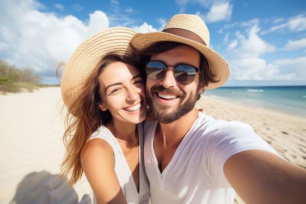 Coppia felice che si fa un selfie sulla spiaggia vicino al mare Vacanze estive