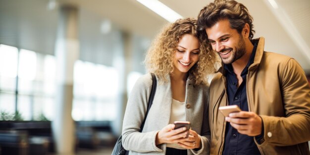 Coppia felice con gli smartphone in aeroporto